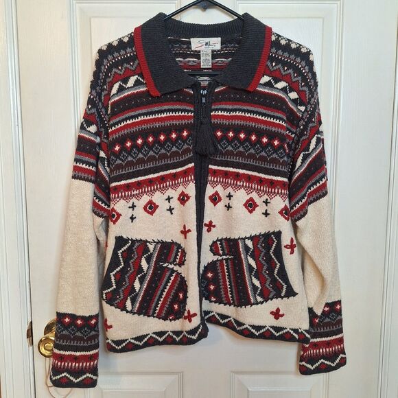 Vintage SML Sport White Red Black Ugly Christmas Sweater Full Zip Cardigan Sz L - Picture 1 of 10